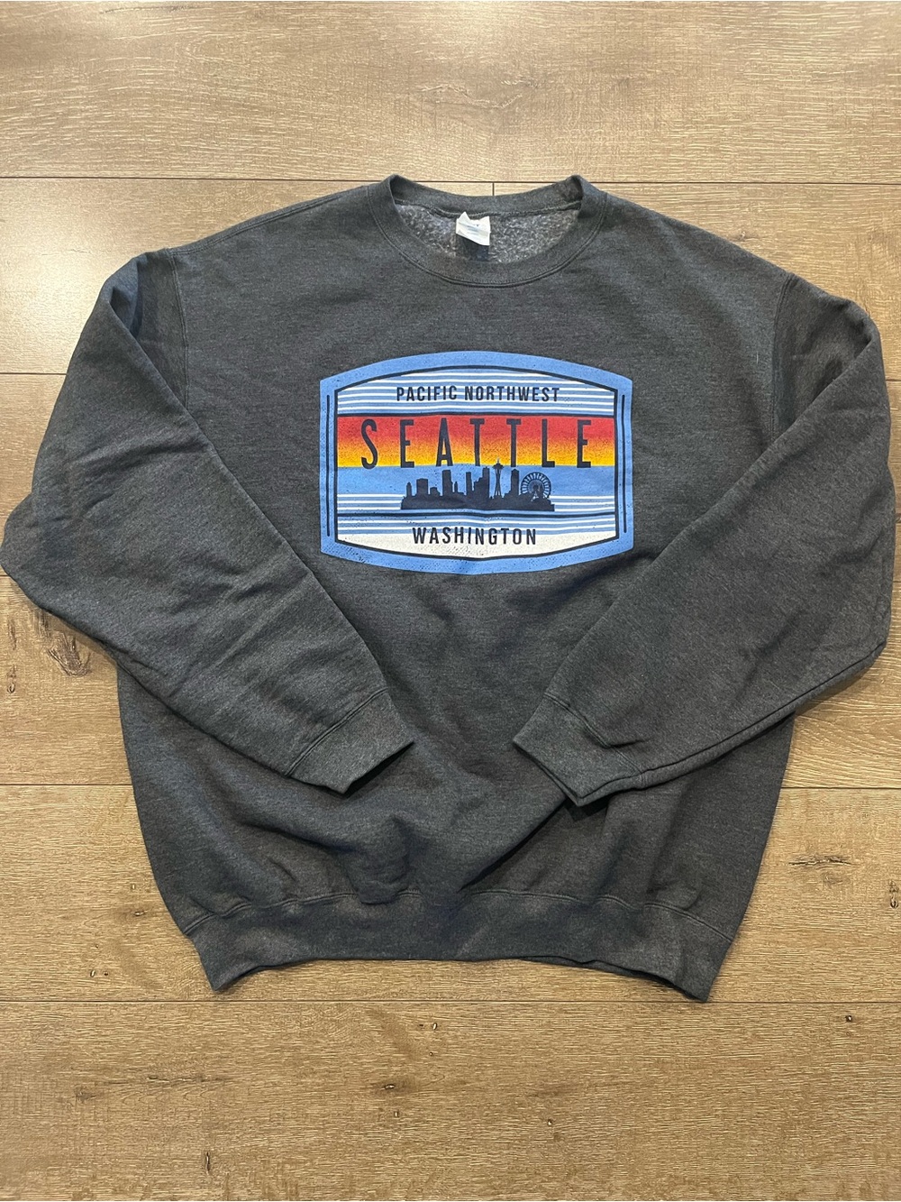 Port and Company Charcoal Seattle Crewneck Sweatshirt with Sunset Graphic